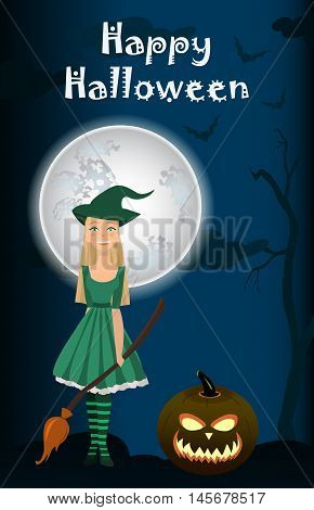Halloween background of Witch on the full moon. Vector. young happy and attractive witches vector Halloween collection