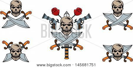 Set of pirate emblems with skulls and swords