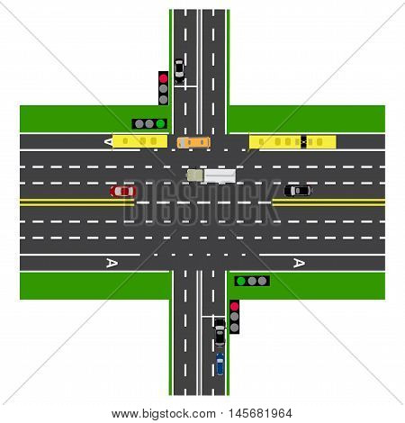 Road infographics. Large highway intersection with the road. With the cars and traffic lights. loaded maps of roads and public transport. Top view of the highway. Vector illustration
