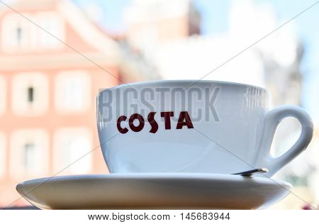 POZNAN POLAND - AUGUST 31 2016: Costa Coffee is a British multinational coffeehouse company headquartered in Dunstable Bedfordshire; second largest coffeehouse chain in the world.