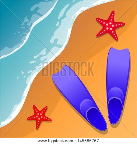Beach background. Flippers and starfish on the sand. Sea shore. Flat style. Cartoon. Vector Image.