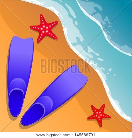 Beach background. Flippers and starfish on the sand. Sea shore. Flat style. Cartoon. Vector Image.