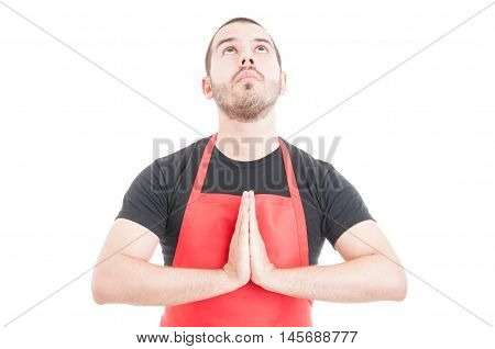 Handsome Supermarket Employee Praying For Luck