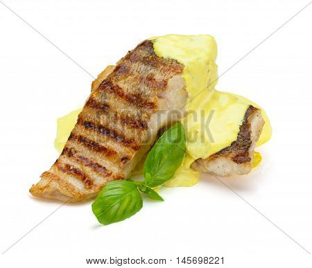 Fish Steak With Cheesse Sauce Isolated On White Background