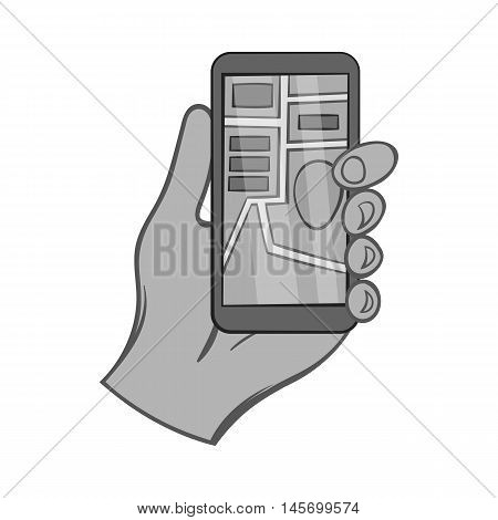 Hand holding phone with GPS icon in black monochrome style isolated on white background. Navigation symbol. Vector illustration