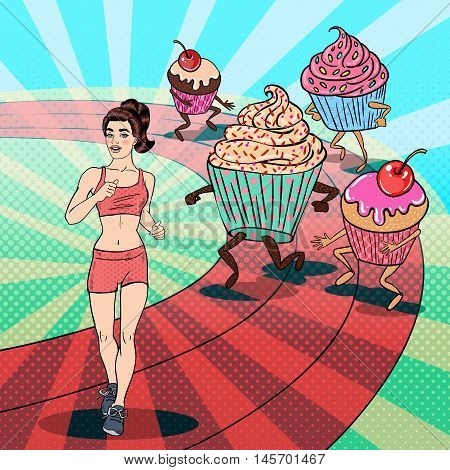 Young Fit Pop Art Woman Running away from Sweets and Desserts. Vector illustration