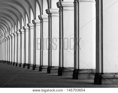Row of column in colonnade. Perspective view of long arc vault corridor. Black and white image.