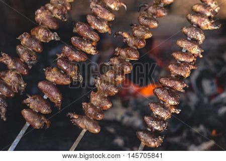 Churrasco, Traditional Brazilian Barbecue, Chicken Hearts Grilled Kebabs.