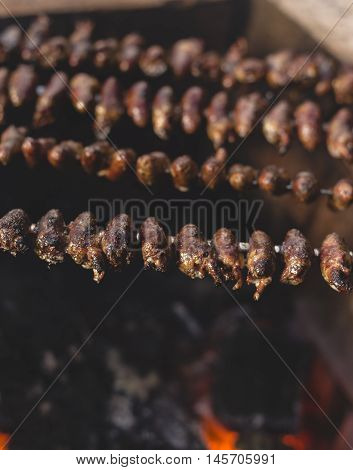 Churrasco, Traditional Brazilian Barbecue, Chicken Hearts Grilled Kebabs.