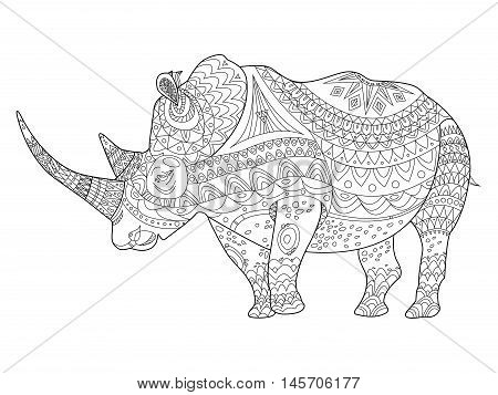 Rhinoceros coloring book vector illustration. Anti-stress coloring for adult. Zentangle style. Black and white lines. Lace pattern