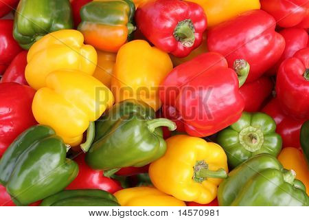 Pimentão vermelho, amarelo e verde