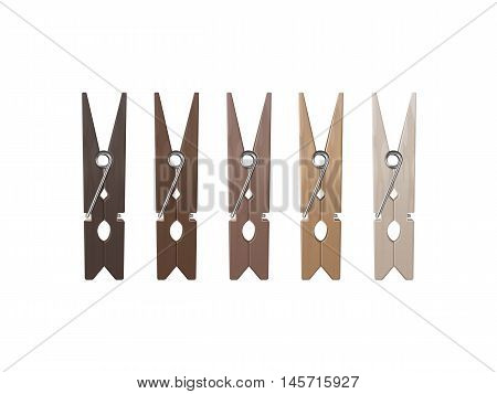 Vector  Set of Wooden Clothespins Pegs of Different Color Front View Close up Isolated on White Background