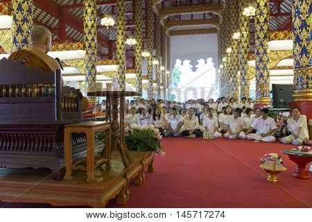 People Listen To Monk Preachment In Buddhism Church Temple