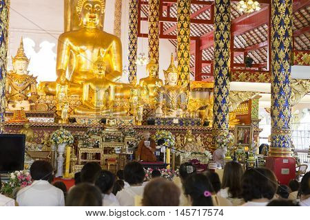 People Listen To Monk Preachment In Buddhism Church Temple