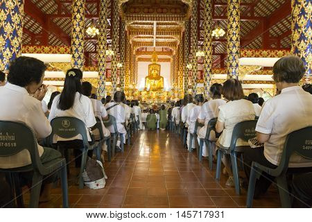 People Listen To Monk Preachment In Buddhism Church Temple