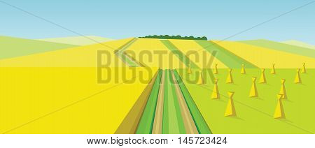 Vector abstract green landscape with yellow fields, hills, roads and ricks of hay, flat zigzag style.