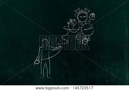 Person With Lasso Collecting Falling Clocks, Time Management Concept