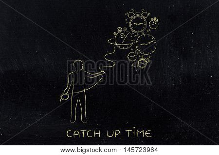 Person With Lasso Collecting Falling Clocks, Time Management Concept