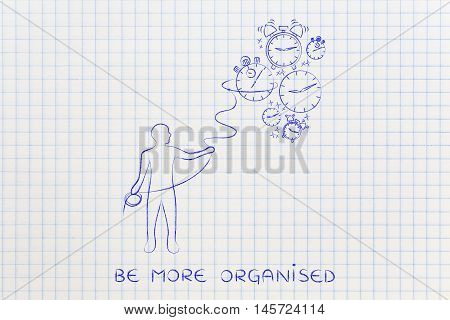 Person With Lasso Collecting Falling Clocks, Time Management Concept