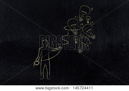 Person Collecting Lightbulbs (ideas) With A Lasso, Creativity Concept