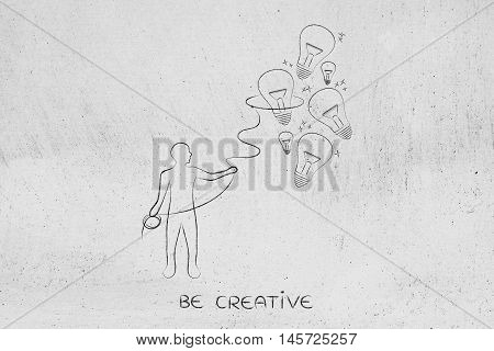 Person Collecting Lightbulbs (ideas) With A Lasso, Creativity Concept