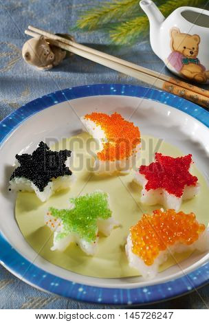 colorful sushi roll. japanese menu for kids