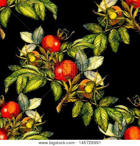 Rosehip seamless pattern on black background hand painted watercolor illustration design for fabric textile wrapping paper card invitation wallpaper web design.