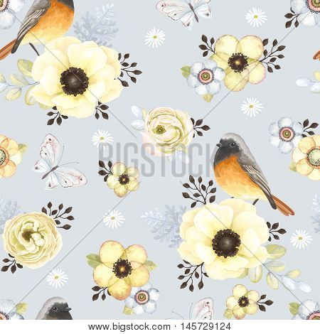 Seamless pattern with birds Redstart, butterflies, flowers anemones, ranunculus and small flowers in vintage style. Vector floral illustration.