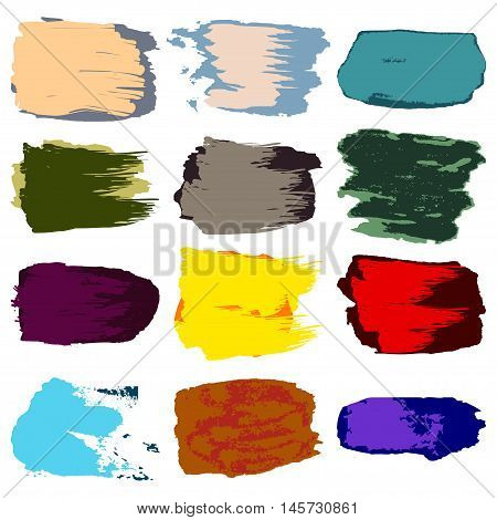 Vector brush stroke stain paint acrylic hand drawing abstract on white background set colorful grunge texture pattern for design frame banner label. Yellow red blue purple green violet cyan beige colors