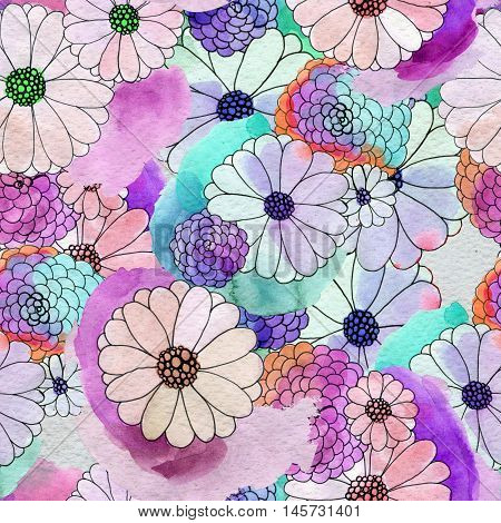 Seamless floral pattern with asters and daisy flowers. Floral watercolor background.