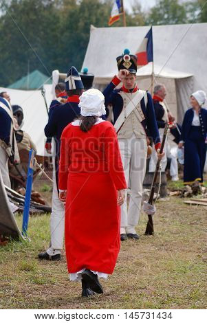 BORODINO MOSCOW REGION - SEPTEMBER 04 2016: Reenactor at Borodino battle historical reenactment in Russia. Color photo.