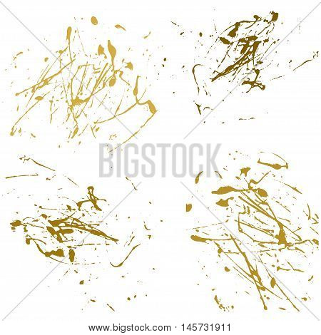 Vector gold splatter paint abstract on white background set hand drawing design art stain splash ink golden color grunge texture spray pattern