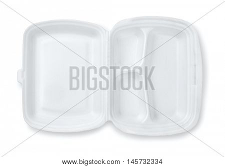 Open foam hinged three compartment meal container isolated on white