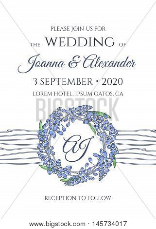 Wedding invitation with wreath of blooming flowers. Hand drawn monogram background with muscari in a simple design