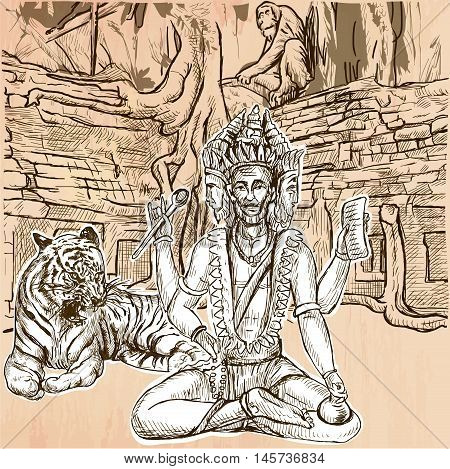 Creator God. BRAHMA. Freehand sketching line drawing. An hand drawn vector illustration. Colored background is isolated. Line art technique. Vector is easy editable.