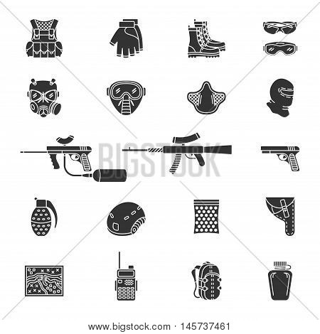 Vector set of black flat silhouette icons for paintball and airsoft equipment and outfit. Collection isolated on white background