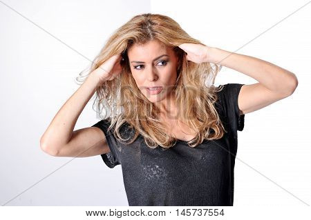 beautiful young blonde women wear black shirt and skirt