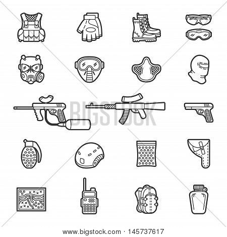 Vector set of black flat line icons for paintball and airsoft equipment and outfit. Collection isolated on white background