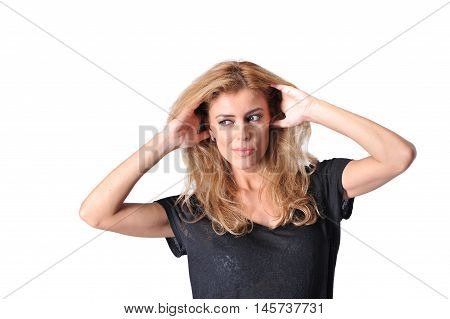 beautiful young blonde women wear black shirt and skirt
