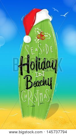 Poster Christmas surfboard lettering seaside holiday in beachy Christmas drawing in beach style