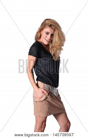 beautiful young blonde women wear black shirt and skirt