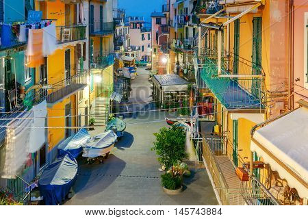 The old, narrow street in the medieval Italian village of Manarola at night. Parco Nazionale delle Cinque Terre, Liguria, Italy.