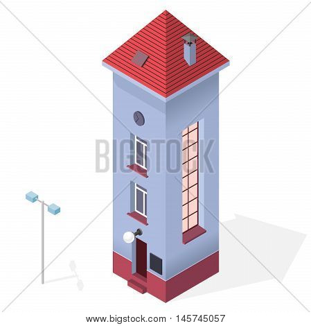 Tall and slim house. Isometric blue building with red roof. Funny architecture. High and slender building with windows, door and chimney. Towering and svelte house. Flatten isolated master vector.