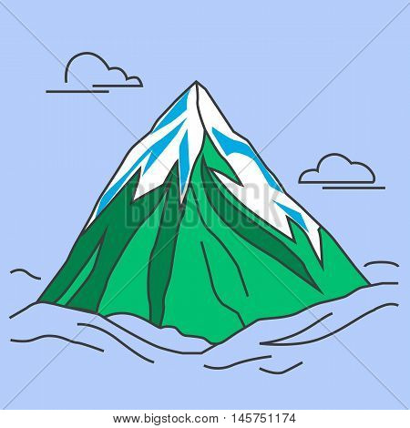 Mountain with clods. Green mountain with snowy peak. Color outlined illustration.  Vector.