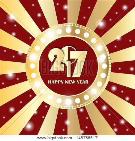 Shining Gold Circle Vintage Banner With Lights On Retro Red And Golden Background. New Year 2017 Con