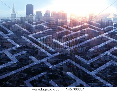 Abstract maze on city background with sunlight. Double exposure