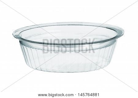 Empty round transparent plastic storage box of food package on white background with clipping path