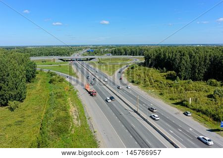 Tyumen, Russia - August 3, 2016: Bird eye view onto outcome of roads on Irbit path with bypass way