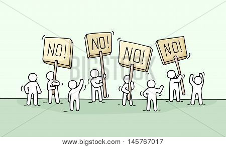 Sketch of crowd little people. Doodle cute miniature scene of workers with protest transparents. Hand drawn cartoon vector illustration for business design and infographic.