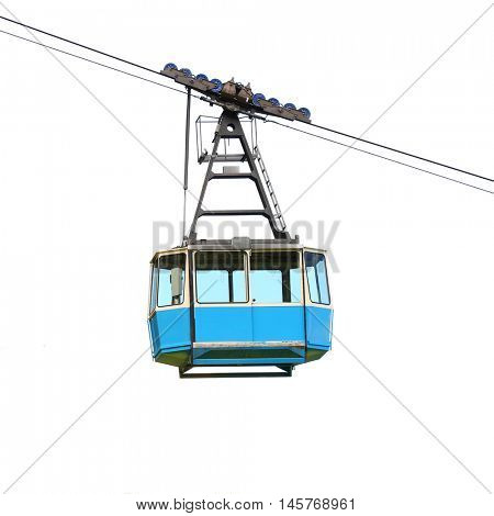 Blue cable car isolated on white background. Retro technology and transportation theme.